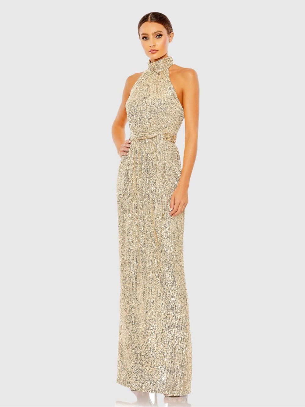 Ieena for Mac Duggal Gold Sequin Halter Gown Size 10 NWT Style 11281